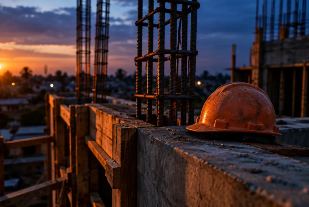 Casque de chantier sur une poutre en béton au crépuscule
