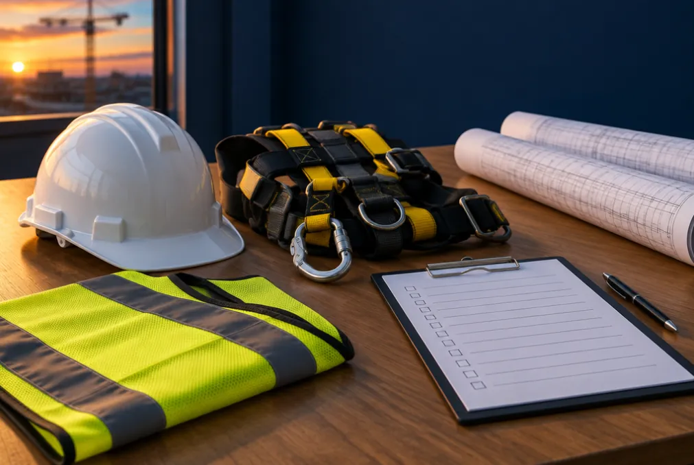 Casque, harnais et liste de contrôle sur une table de chantier