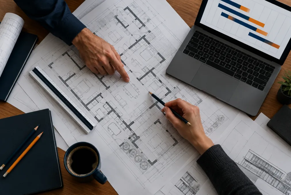 Plans et planning de projet sur une table de travail